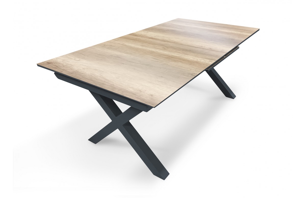 Table de jardin FLORIDE (180/240x100 cm) en aluminium et plateau HPL imitation bois avec rallonge automatique - GRIS ANTHRACITE