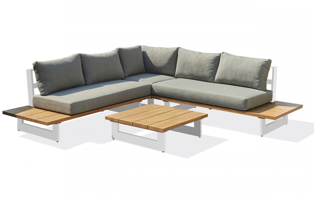 Salon de jardin LAVEZZI 5 places en aluminium et plateau imitation bois - BLANC