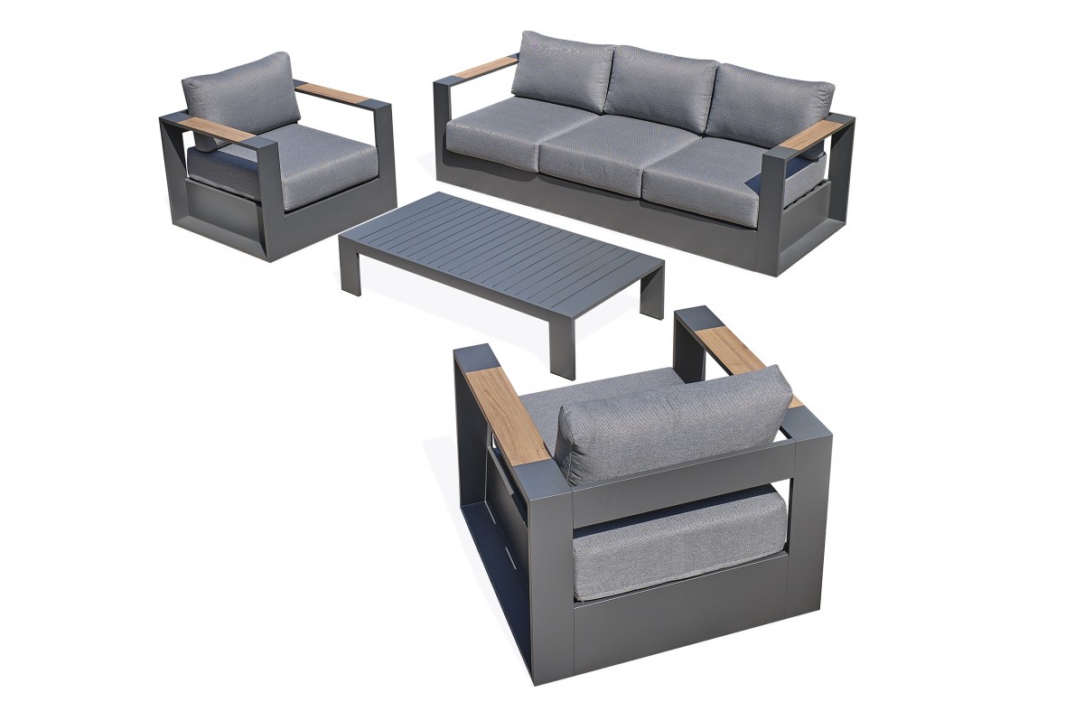 Salon de jardin MANDELIEU 5 places en aluminium et accoudoirs en HPL - GRIS ANTHRACITE