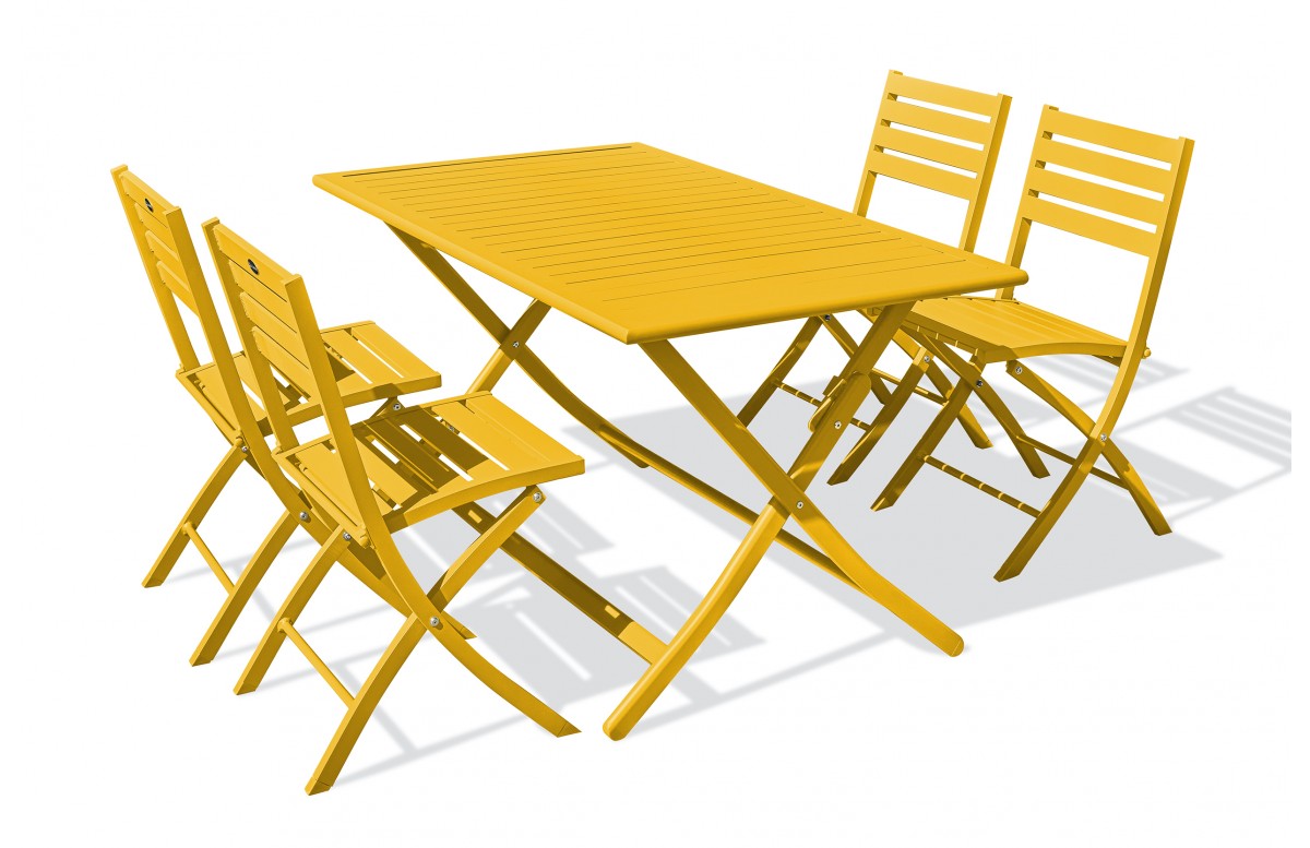 Lot composé d'une table de jardin MARIUS-TB140-MOUTARDE pliante et de 4 chaises MARIUS-CP-MOUTARDE pliantes