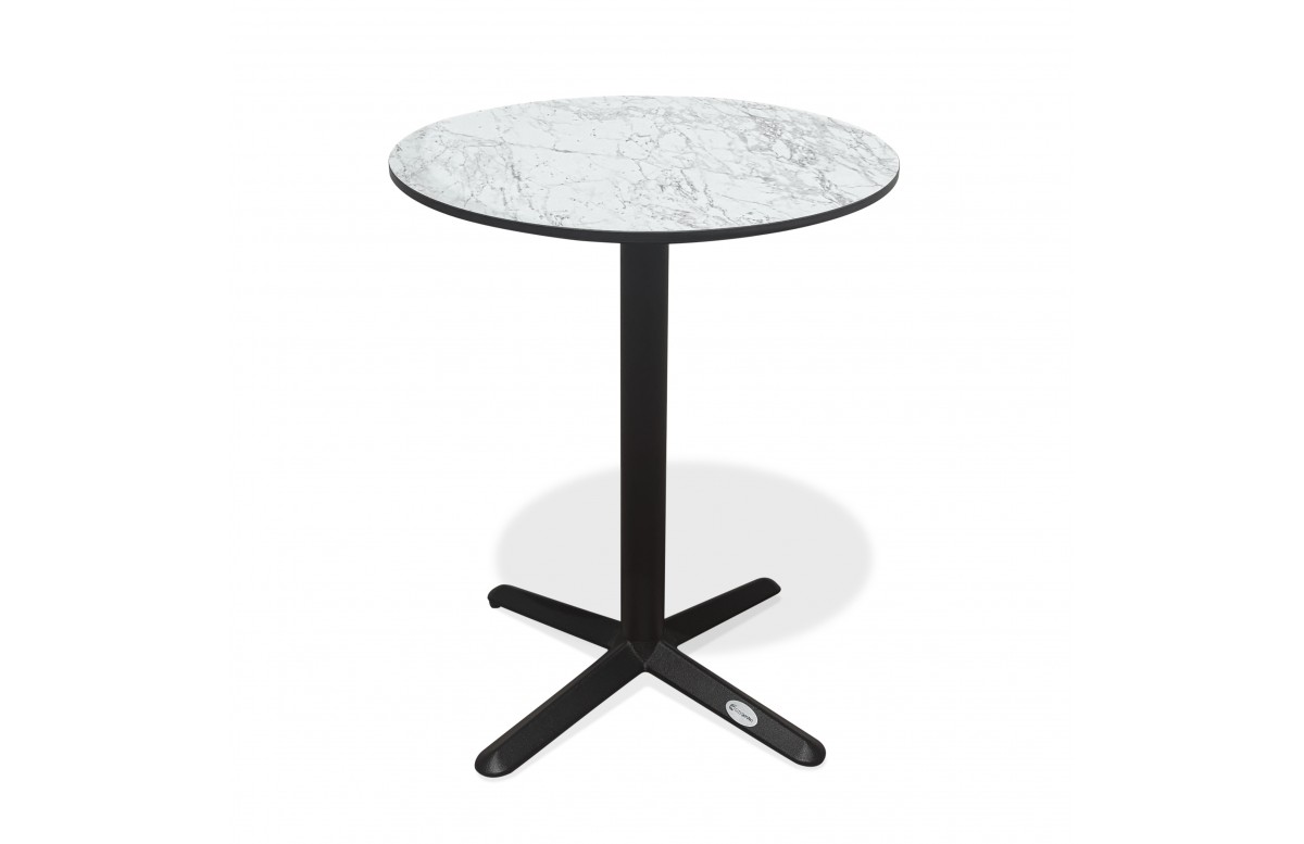 Table ronde de jardin BISTRO (diam. 60 cm) en acier noir et plateau HPL effet marbre - BLANC