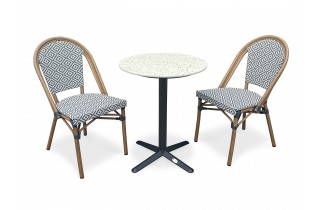 Lot composé d'une table de jardin BISTRO-TB60-TRZ et de 2 fauteuils BISTRO-FT-TEX-BLEU empilables