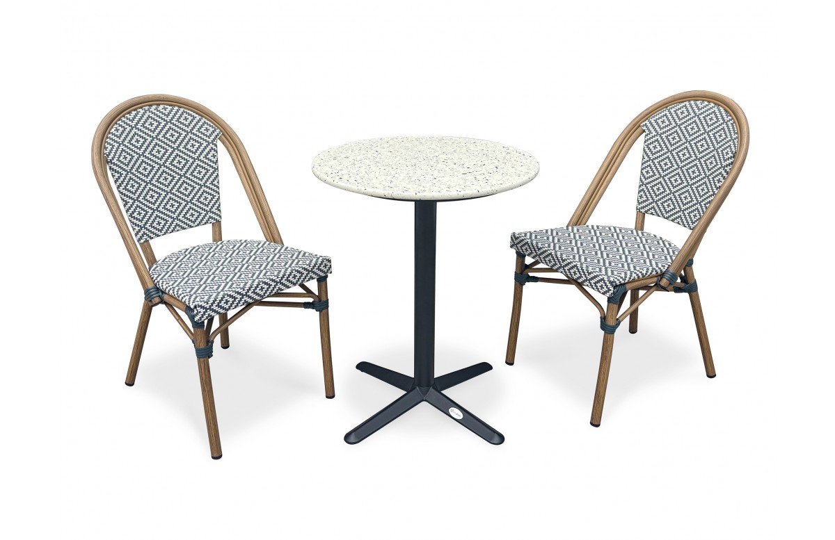 Lot composé d'une table de jardin BISTRO-TB60-TRZ et de 2 fauteuils BISTRO-FT-TEX-BLEU empilables