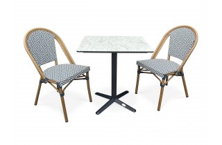 Lot composé d'une table de jardin BISTRO-TB70-HPL-MB et de 2 fauteuils BISTRO-FT-TEX-BLEU empilables