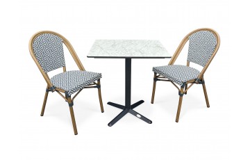 Lot composé d'une table de jardin BISTRO-TB70-HPL-MB et de 2 fauteuils BISTRO-FT-TEX-BLEU empilables