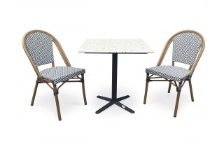 Lot composé d'une table de jardin BISTRO-TB70-TRZ et de 2 fauteuils BISTRO-FT-TEX-BLEU empilables