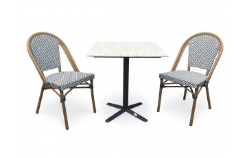 Lot composé d'une table de jardin BISTRO-TB70-TRZ et de 2 fauteuils BISTRO-FT-TEX-BLEU empilables