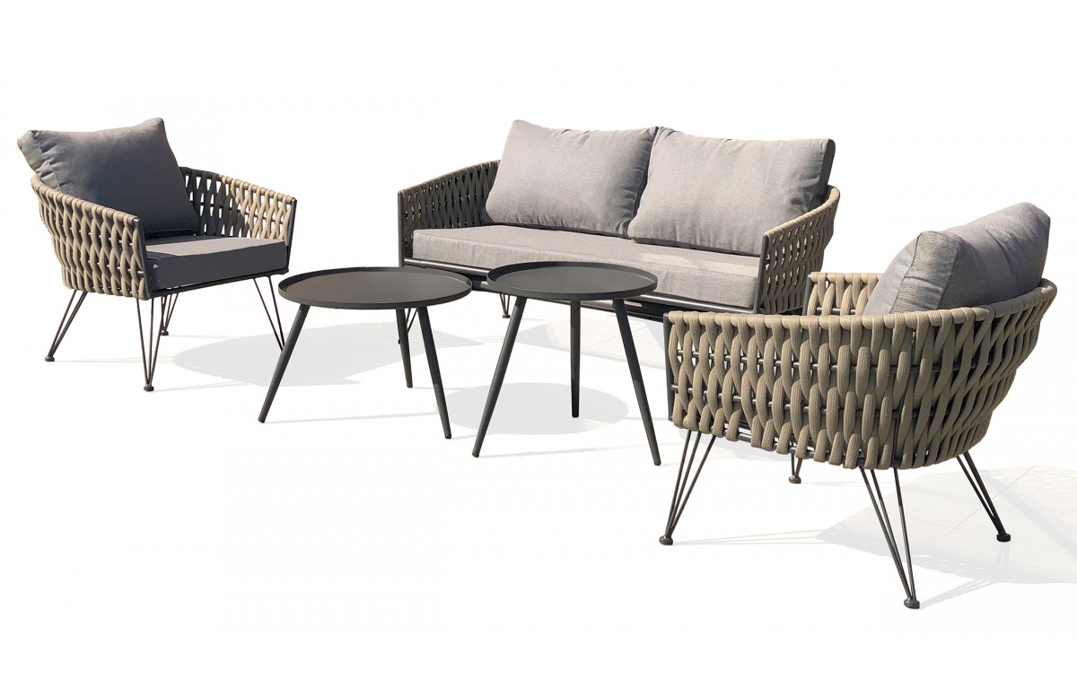 Salon bas de jardin CAPRI 4 places en corde tissée taupe et acier - GRIS ANTHRACITE