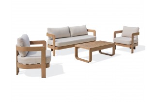 Salon bas de jardin DAVAO 5 places en aluminium imitation bois - ECRU