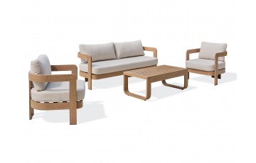 Salon bas de jardin DAVAO 5 places en aluminium imitation bois - ECRU