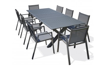 Lot composé d'une table de jardin FLORIDE-TB240-ALU-AN avec rallonge et de 8 fauteuils FLORIDE-FT-GRISANTH empilables