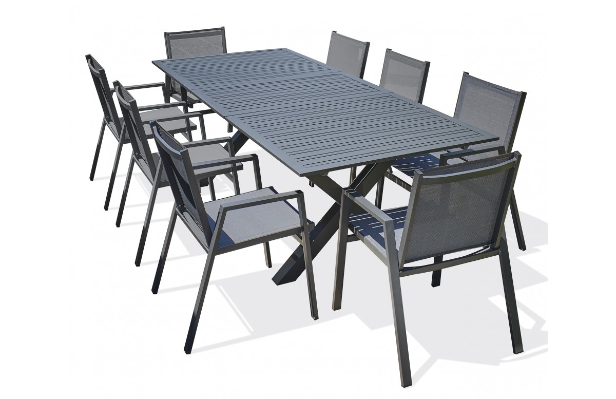 Lot composé d'une table de jardin FLORIDE-TB240-ALU-AN avec rallonge et de 8 fauteuils FLORIDE-FT-GRISANTH empilables