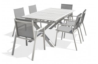 Lot composé d'une table de jardin FLORIDE-TB240-ALU-B avec rallonge et de 6 fauteuils FLORIDE-FT-BLANC empilables