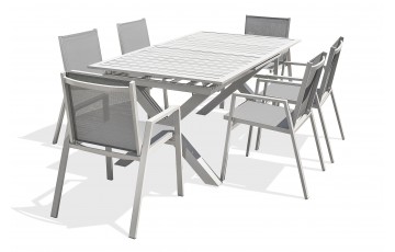 Lot composé d'une table de jardin FLORIDE-TB240-ALU-B avec rallonge et de 6 fauteuils FLORIDE-FT-BLANC empilables