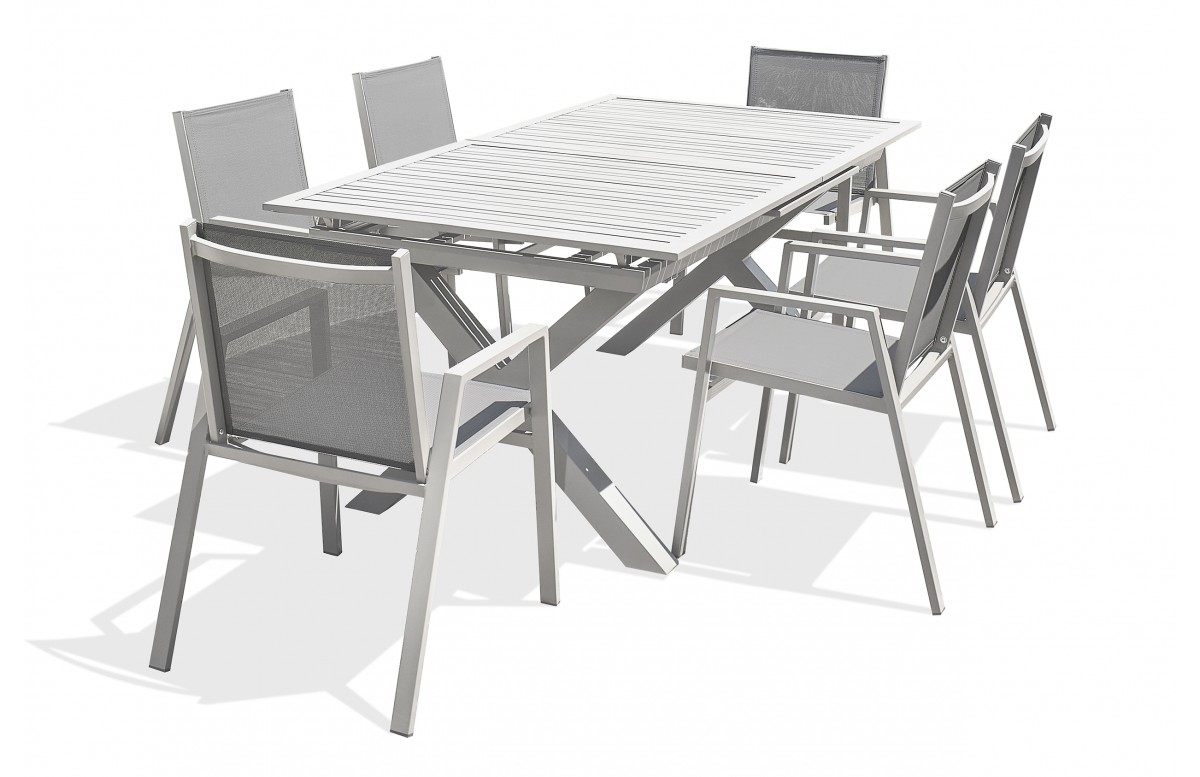 Lot composé d'une table de jardin FLORIDE-TB240-ALU-B avec rallonge et de 6 fauteuils FLORIDE-FT-BLANC empilables