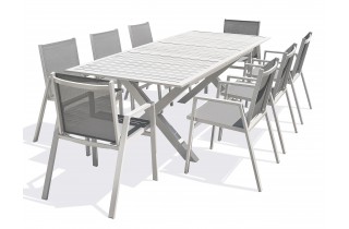 Lot composé d'une table de jardin FLORIDE-TB240-ALU-B avec rallonge et de 8 fauteuils FLORIDE-FT-BLANC empilables