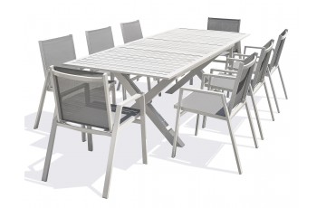 Lot composé d'une table de jardin FLORIDE-TB240-ALU-B avec rallonge et de 8 fauteuils FLORIDE-FT-BLANC empilables