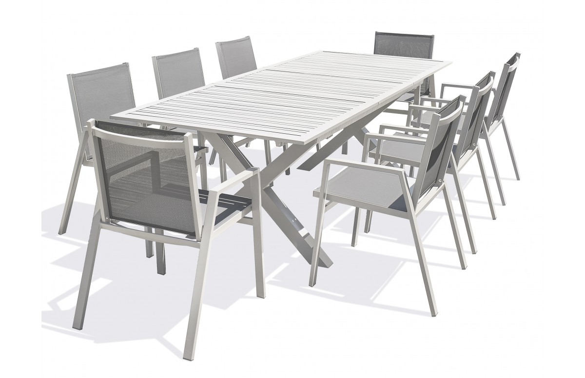 Lot composé d'une table de jardin FLORIDE-TB240-ALU-B avec rallonge et de 8 fauteuils FLORIDE-FT-BLANC empilables