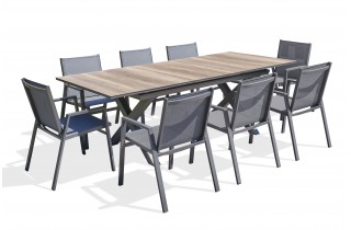 Lot composé d'une table de jardin FLORIDE-TB240-HPL-AW avec rallonge et de 8 fauteuils FLORIDE-FT-GRISANTH empilables