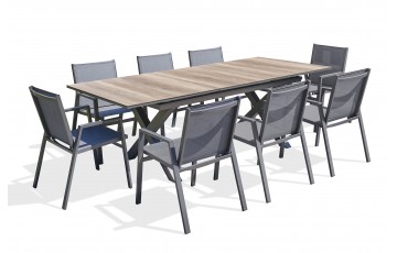 Lot composé d'une table de jardin FLORIDE-TB240-HPL-AW avec rallonge et de 8 fauteuils FLORIDE-FT-GRISANTH empilables
