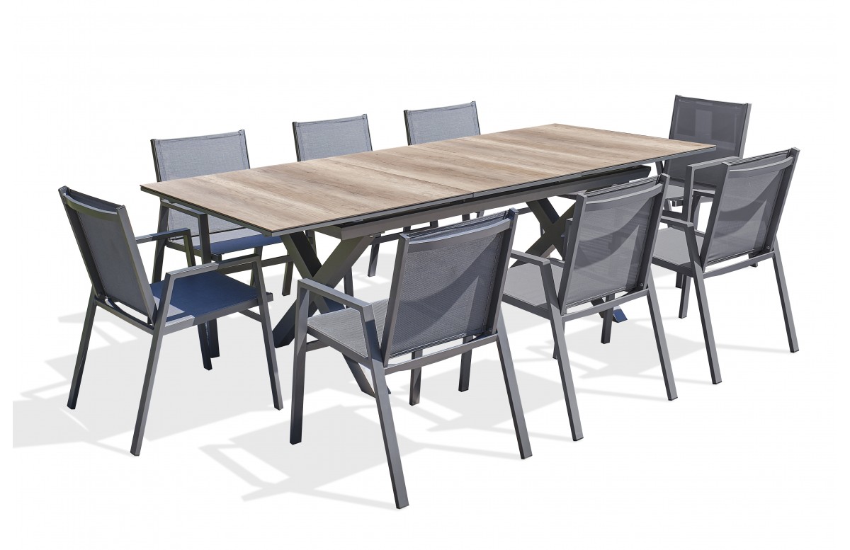 Lot composé d'une table de jardin FLORIDE-TB240-HPL-AW avec rallonge et de 8 fauteuils FLORIDE-FT-GRISANTH empilables