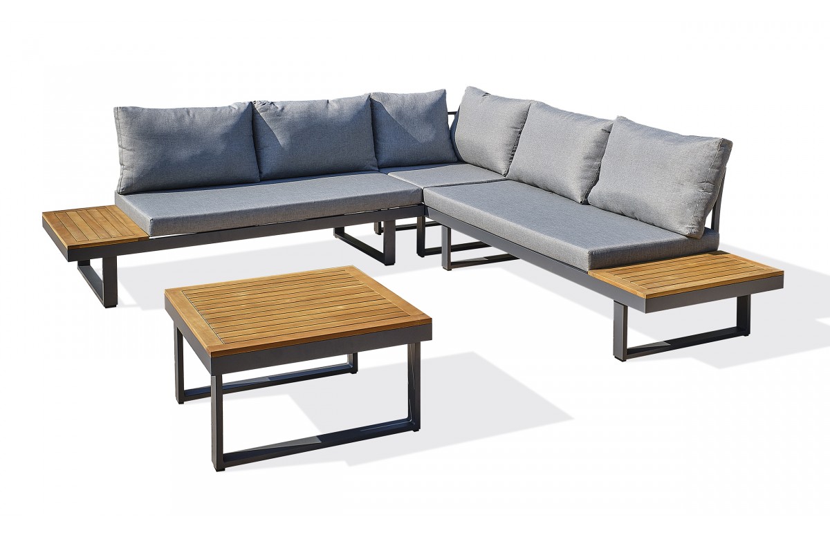 Salon de jardin MIYAKO 5 places en aluminium et acacia - GRIS ANTHRACITE