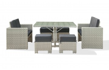 Ensemble repas de jardin OCEANE-LUNCH encastrable 8 places en résine tressée et plateau verre - CREME