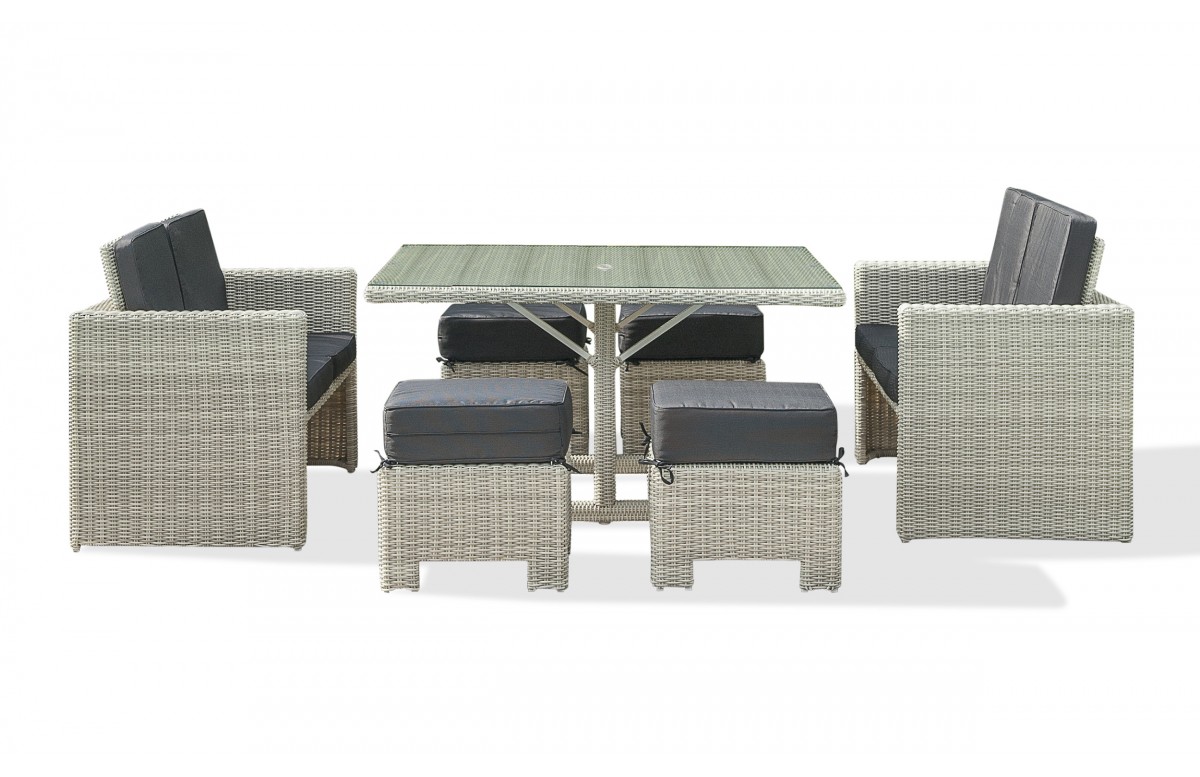 Ensemble repas de jardin OCEANE-LUNCH encastrable 8 places en résine tressée et plateau verre - CREME