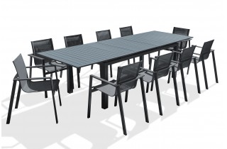 Lot composé d'une table de jardin MIAMI-TB300 avec rallonge et de 10 fauteuils ALU-MIAMI-FT empilables