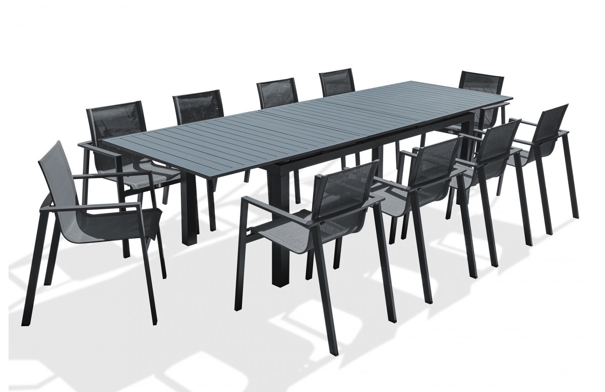Lot composé d'une table de jardin MIAMI-TB300 avec rallonge et de 10 fauteuils ALU-MIAMI-FT empilables