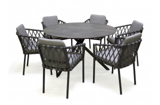 Lot composé d'une table de jardin ronde PILAT-TB129 et de 6 fauteuils PILAT-FT empilables