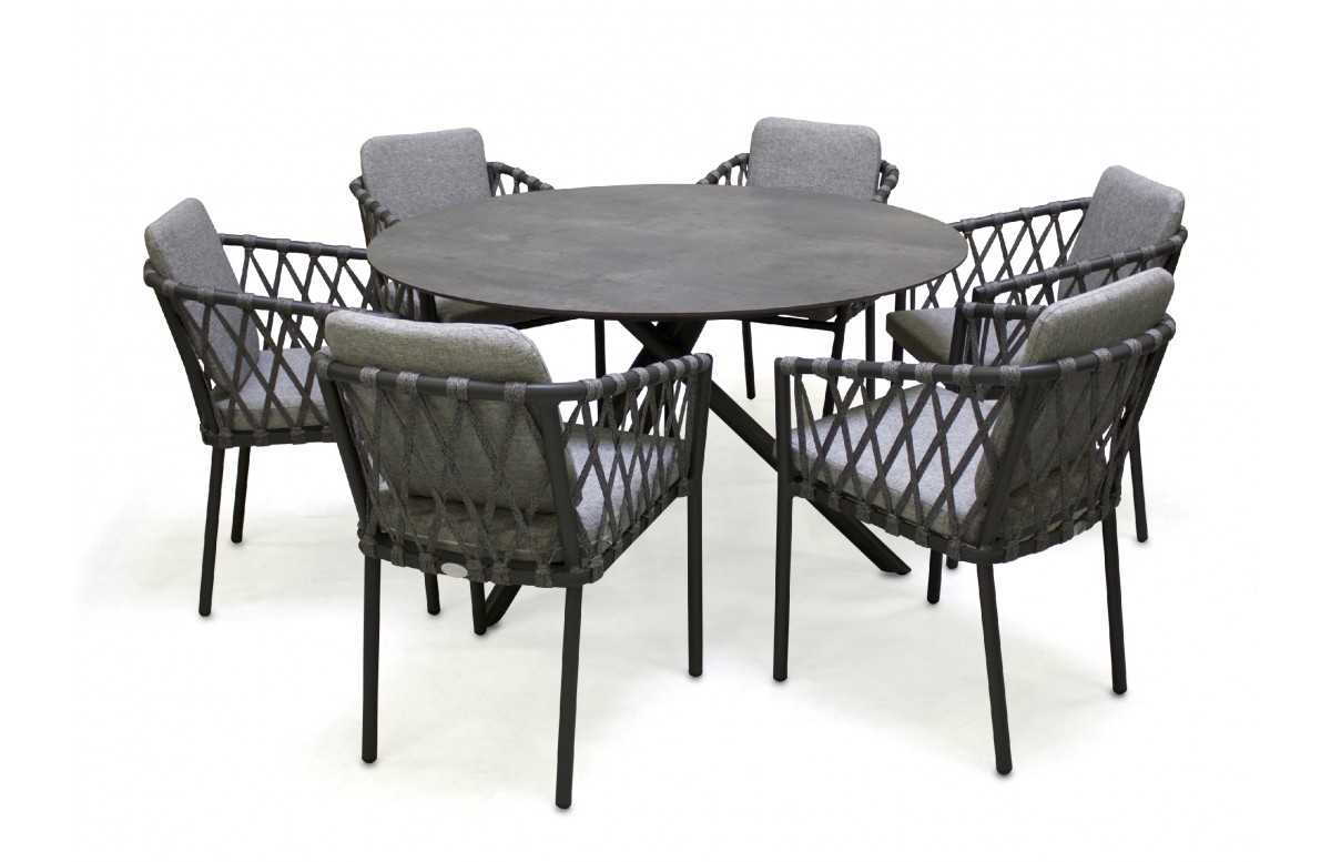 Lot composé d'une table de jardin ronde PILAT-TB129 et de 6 fauteuils PILAT-FT empilables