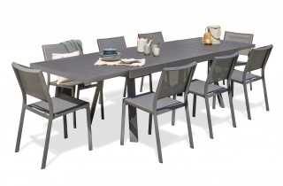 Lot composé d'une table de jardin STOCKHOLM-TB300-ALU avec rallonge et de 8 chaises STOCKHOLM-CH empilables