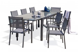 Lot composé d'un table de jardin TOLEDE-TB300-NOIR avec rallonge et de 8 fauteuils TOLEDE-FT empilables