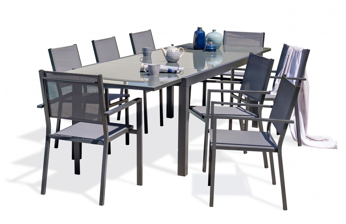 Lot composé d'un table de jardin TOLEDE-TB300-NOIR avec rallonge et de 8 fauteuils TOLEDE-FT empilables