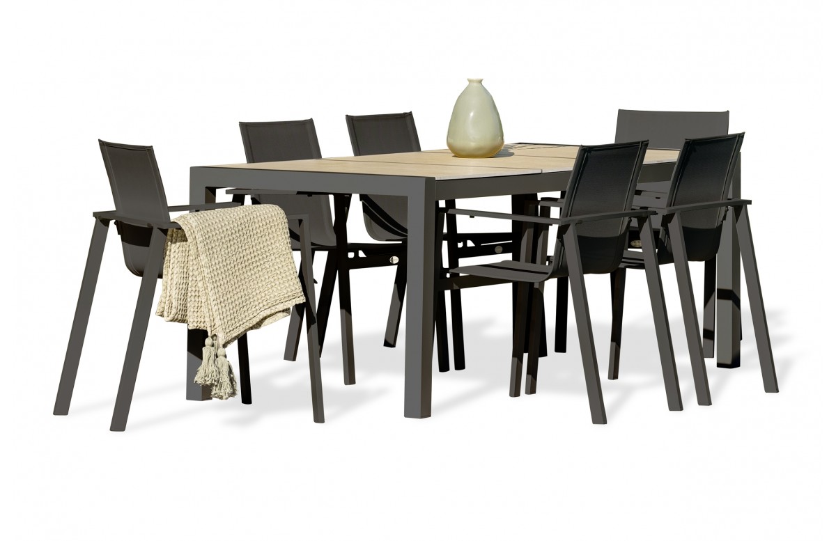 Lot composé d'une table de jardin VENISE-TB200 et de 6 fauteuils ALU-MIAMI-FT empilables