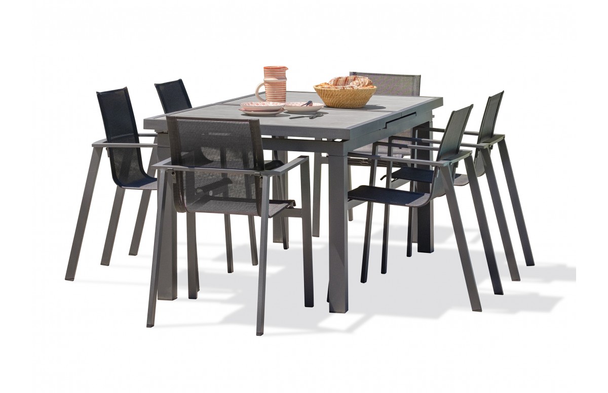 Lot composé d'une table de jardin VENISE-TB250 avec rallonge et de 6 fauteuils ALU-MIAMI-FT empilables
