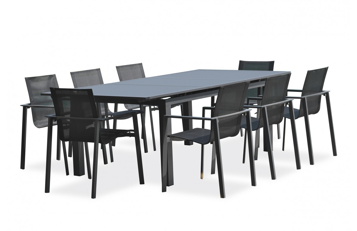 Lot composé d'une table de jardin ALU-MIAMI-TBALU avec rallonge et de 8 fauteuils ALU-MIAMI-FT empilables