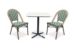 Lot composé d'une table de jardin BISTRO-TB70-TRZ et de 2 fauteuils BISTRO-FT-TEX-VERT empilables