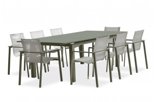 Lot composé d'une table de jardin MIAMI-TB240-KAKI avec rallonge et de 8 fauteuils MIAMI-FT-KAKI empilables