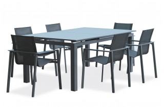 Lot composé d'une table de jardin ALU-MIAMI-TBALU avec rallonge et de 6 fauteuils ALU-MIAMI-FT empilables
