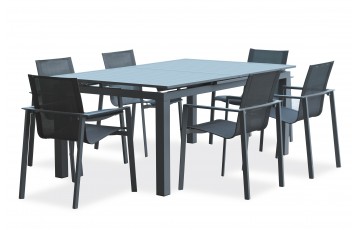 Lot composé d'une table de jardin ALU-MIAMI-TBALU avec rallonge et de 6 fauteuils ALU-MIAMI-FT empilables