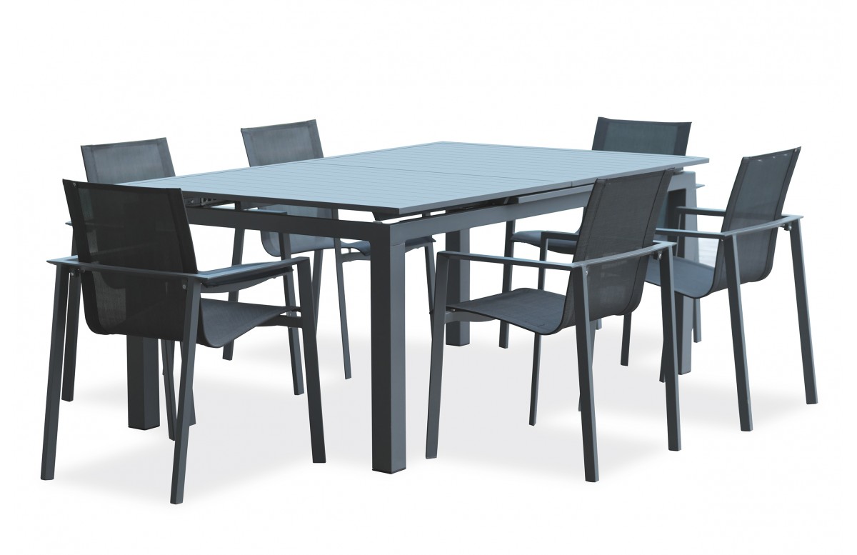 Lot composé d'une table de jardin ALU-MIAMI-TBALU avec rallonge et de 6 fauteuils ALU-MIAMI-FT empilables