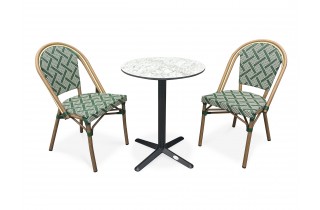 Lot composé d'une table de jardin BISTRO-TB60-HPL-MB et de 2 fauteuils BISTRO-FT-TEX-VERT empilables