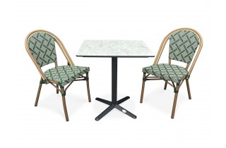 Lot composé d'une table de jardin BISTRO-TB70-HPL-MB et de 2 fauteuils BISTRO-FT-TEX-VERT empilables