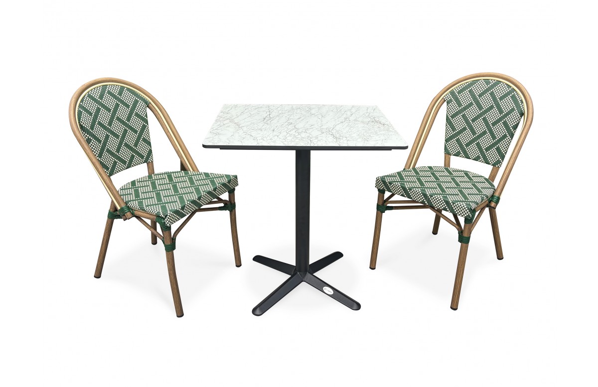 Lot composé d'une table de jardin BISTRO-TB70-HPL-MB et de 2 fauteuils BISTRO-FT-TEX-VERT empilables