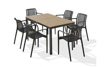 Lot composé d'une table BOSTON-TB150 et de 6 fauteuils de jardin empilables TIAGO-FT-NOIR