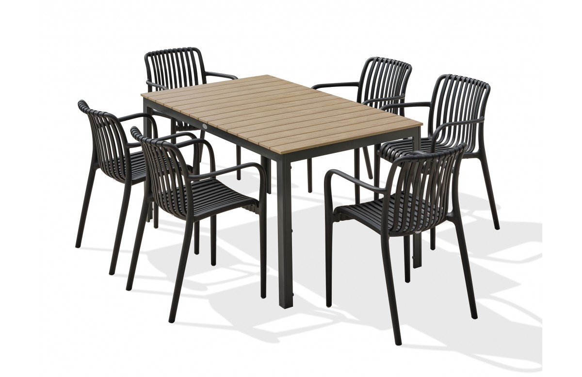 Lot composé d'une table BOSTON-TB150 et de 6 fauteuils de jardin empilables TIAGO-FT-NOIR