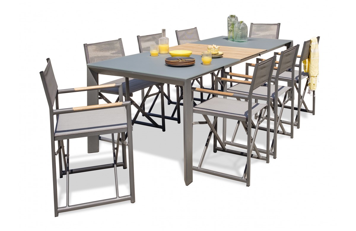 Lot composé d'une table de jardin HONFLEUR-TB250 avec rallonge et de 8 fauteuils pliants HONFLEUR-DC