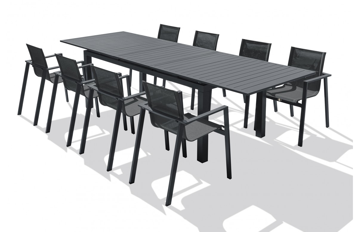 Lot composé d'une table de jardin MIAMI-TB300 avec rallonge et de 8 fauteuils ALU-MIAMI-FT empilables